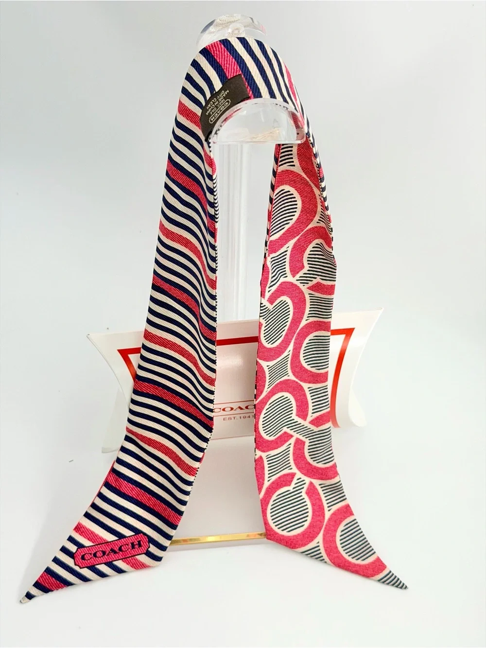 Coach Silk Skinny Scarf - Pink, Navy, & White/Cream Stripe / Signature C